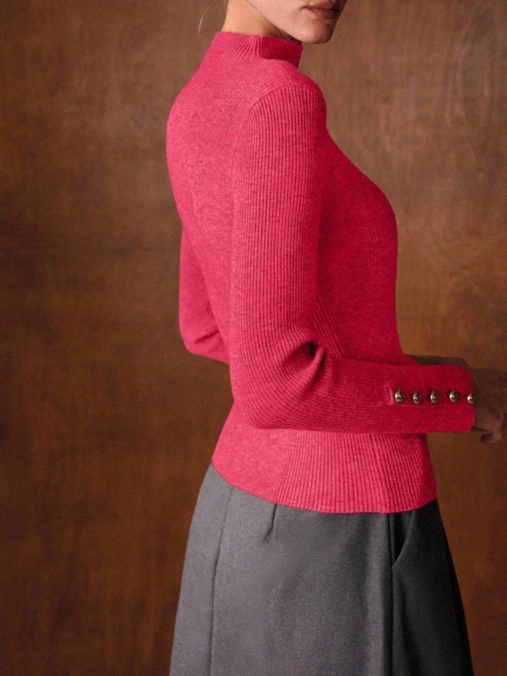 Hot Pink Casual Women's Slim Fit Funnel Neck Minimalist Sweater - Picture 2 of 8